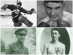 Famed Saskatchewan athletes who also served with the Canadian military include (from left, clockwise) Ed Staniowski, Claude Petit, Alex Decoteau and Edward Lyman "Hick" Abbott