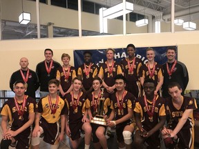 The LeBoldus Golden Suns, shown celebrating their Regina High Schools Athletic Association 5A boys volleyball championship on Saturday, are now preparing for this weekend's provincial-championship tournament in Regina.