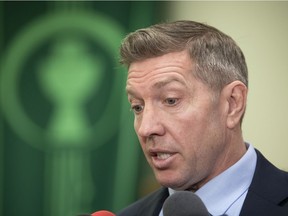 Respect Group Co-founder Sheldon Kennedy makes an announcement at the Regina Catholic School Division board office in Regina.