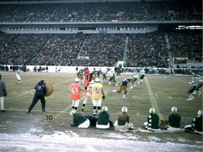 The Winnipeg Blue Bombers run a play against the Saskatchewan Roughriders in the CFL's 1972 Western Conference final on Nov. 19, 1972 at Winnipeg Stadium. Photo by G. Helen Vanstone-Mather.