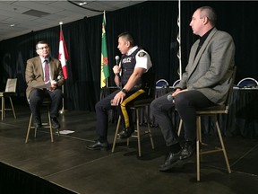 Ray Orb, president of the Saskatchewan Association of Rural Municipalities (SARM) takes part in a panel on rural crime prevention with Chief Supt. Alfredo Bangloy of the RCMP and Daryl Chernoff, program manager of policy and governance for the Ministry of Corrections and Policing in Regina on Nov. 14, 2019. Photo by Mark Melnychuk