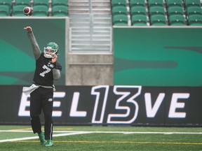 Roughriders quarterback Cody Fajardo, shown at practice on Friday, is to start Sunday against the visiting Winnipeg Blue Bombers.