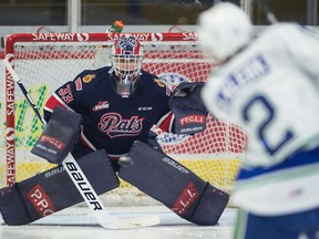 Regina Pats netminder Max Paddock keeps his eyes on a shot from the Swift Current Broncos' Hendrik De Klerk during WHL action at the Brandt Centre on Tuesday.