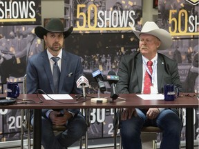 Chris Lane, left, CEO of Canadian Western Agribition, and Chris Lees, Agribition president, speak to members of the media as the final day of