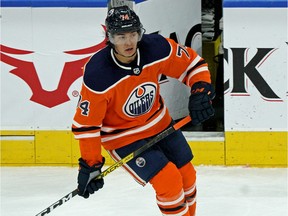 Edmonton Oilers defenceman Ethan Bear during NHL game action against the Los Angeles Kings in Edmonton on Saturday, Oct. 5, 2019.