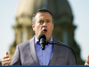 Premier Jason Kenney outside the Alberta Legislature in Edmonton.