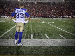 Running back Andrew Harris looks on after the Blue Bombers were defeated by the the Calgary Stampeders in the 2018 West final. (Al Charest/Postmedia Network Files)