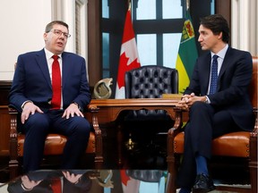 Canada's Prime Minister Justin Trudeau meets with Saskatchewan's Premier Scott Moe on Parliament Hill in Ottawa, Ontario Canada November 12, 2019.  REUTERS/Patrick Doyle