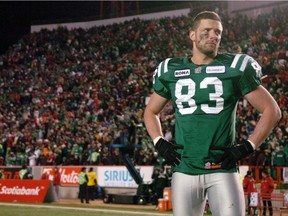 Saskatchewan Roughriders slotback Andy Fantuz stands on the sideline at Calgary's McMahon Stadium after the 2009 Grey Cup, attending to digest the shocking events of the final few seconds.