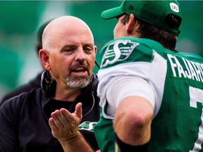 Saskatchewan Roughriders head coach Craig Dickenson and quarterback Cody Fajardo (right) are both finalists for some prestigious CFL individua; awards. Dickenson is the West Division's nominee for coach of the year and Fajardo is the nominee for most outstanding player.