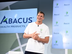 Rob Gronkowski at a press conference announcing he is becoming an advocate for CBD and will partner with Abacus Health Products, maker of CBDMEDIC Topical Pain Products on August 27, 2019 in New York City.