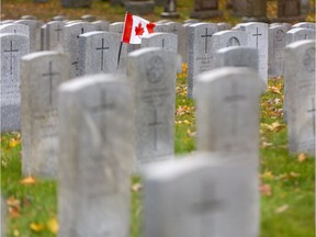 Military gravestones in a cemetery in London, Ont.