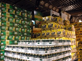 Beer piled high in a public liquor store.