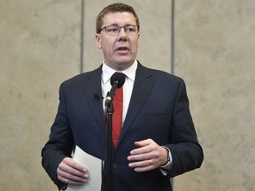 Saskatchewan Premier Scott Moe speaks with the media following a meeting with Prime Minister Justin Trudeau on Parliament Hill in Ottawa, Tuesday November 12, 2019.