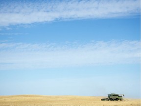 A combine on a Saskatchewan farm during harvest in 2018.