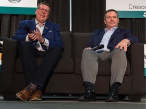 Premiers Scott Moe and Jason Kenney during an appearance at the Saskatchewan Oil & Gas Show held at the Crescent Pointe Centre in Weyburn on June 5, 2019.