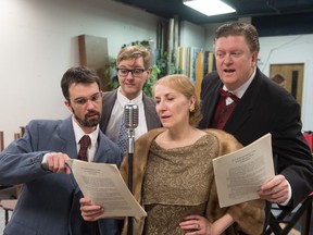 (From left) Derek Klaassen, Tyler Toppings, Bonnie Senger and Robert Huber rehearse a scene for the Regina Little Theatre's production of It's a Wonderful Life — A Live Radio Play.