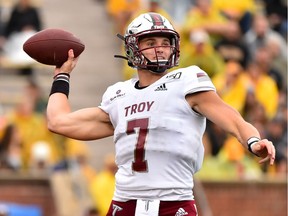 Quarterback Kaleb Barker, of the Troy Trojans, is on the Saskatchewan Roughriders' negotiation list.