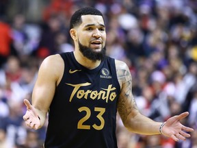 Fred VanVleet #23 of the Toronto Raptors reacts during the second half of an NBA game against the Boston Celtics at Scotiabank Arena on December 25, 2019 in Toronto. Vaughn Ridley/Getty Images)