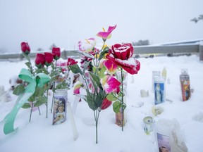 A memorial just outside of the school grounds was in place following the school shooting at La Loche Community School in January 2016