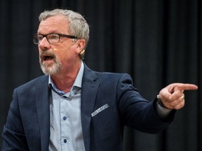 Former Saskatchewan Premier Brad Wall speaks to crowd at Agribition in Regina in November 2018.