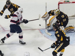 The Regina Pats' Cole Dubinsky (18) fires a shot which resulted in a goal on Brandon Wheat Kings netminder Jiri Patera (33) during a game at at the Brandt Centre.