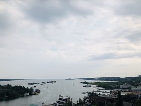 Houseboats on Yellowknife Bay as seen from the pilot's monument in the NWT capital city's old town neighbourhood.