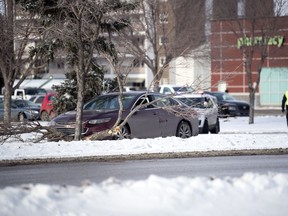 A car came to a rest on a tree as it left the roadway on the 4500 block of Albert Street in Regina.