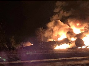 Shortly after midnight on Dec. 9, 2019, traffic on Highway 16 was blocked between Guernsey and Plunket due to smoke, fire and lack of visibility after a Canadian Pacific train hauling crude derailed west of Guernsey. There were no injuries immediately reported. (Photo courtesy Melanie Loessl / Facebook)