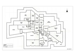 A map of Regina showing the neighbourhood boundaries used by the Regina Police Service.