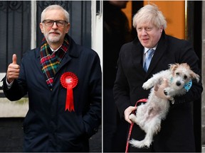 (COMBO) In this combination of photos created on December 12, 2019, Britain's Prime Minister Boris Johnson and his dog Dilyn (top), and Britain's Labour Party leader Jeremy Corbyn, are are seen as they attend Polling Stations to cast their ballot papers and vote on December 12, 2019, as Britain holds a general election. (Photo by Tolga AKMEN and Daniel LEAL-OLIVAS / AFP)