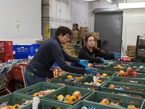 Regina Food Bank volunteer Robyn Stettner, left and staff member Morgan Nielsen sort fruit into baskets in a back room of the food bank's Winnipeg Street location in Regina, Saskatchewan on December 5, 2019.