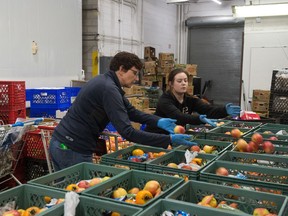 Regina mayor Sandra Masters helps put together Christmas hampers for families in need, in coordination with the Regina Food Bank, during a packing session taking place at Mosaic Stadium in Regina, Saskatchewan on Dec. 10, 2020.