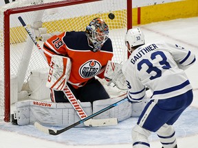 Toronto Maple Leafs Frederik Gauthier scores on Edmonton Oilers goalie Mikko Koskinen goalie during third period NHL hockey game action in Edmonton on Saturday December 14, 2019. (PHOTO BY LARRY WONG/POSTMEDIA)