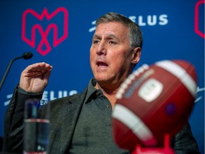 Gary Stern, new owner of the Montreal Alouettes, with parner Sid Spiegel, answers questions at a news conference in Montreal Monday Jan. 6, 2020.