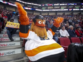 MONTREAL, QUE.: NOVEMBER  30, 2019 --   Philadelphia Flyers mascot Gritty sits in the Bell Centre stands during first period of National Hockey League game between the Canadiens and the Flyers in Montreal Saturday November 30, 2019. (John Mahoney / MONTREAL GAZETTE) ORG XMIT: 63552 - 8372
