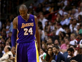 Kobe Bryant of the Los Angeles Lakers is shown during a Feb. 10, 2013 NBA game against the Miami Heat at American Airlines Arena. Bryant died Sunday in a helicopter crash at age 41.
