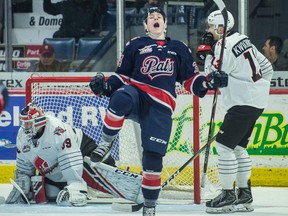 Riley Krane celebrates a goal Dec. 14, 2018 against the Moose Jaw Warriors, who've acquired his WHL rights from the Regina Pats.