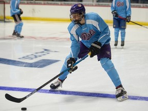 Easton Armstrong, shown at the Regina Pats' training camp, is to suit up for the WHL team this weekend.