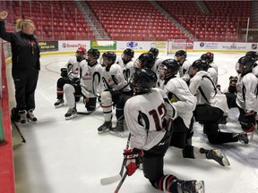 Moose Jaw Warriors coaching assistant Olivia Howe provides instructions to the players in training camp.