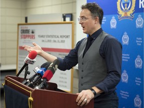 Regina Crime Stoppers President Craig Perrault discusses the results of its successful 2019 tips campaign at the Regina Police Service Headquarters in Regina on Jan. 6, 2020.