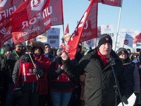 Executive assistant to the national Unifor president Scott Doherty speaks during a Unifor rally being held outside the Co-op Refinery Complex on Fleet Street in Regina, saskatchewan on Jan. 7, 2020.