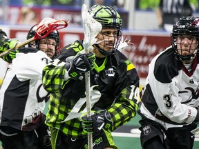 Saskatchewan Rush transition player Jeremy Thompson runs the ball during National Lacrosse League action Saturday against the Colorado Mammoth at SaskTel Centre in Saskatoon.