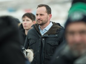 Saskatchewan New Democratic Party Leader Ryan Meili listens during a Unifor rally at a gate to the Co-op Refinery Complex on Fleet Street in Regina, Saskatchewan on Jan 22, 2020.