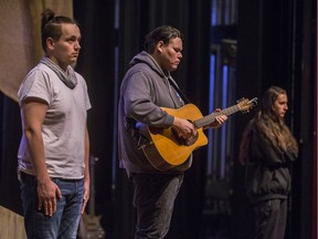 From left to right, actors Colin Wolf, Lancelot Knight, and Tara Sky during a rehearsal of Persephone Theatre's production of Reasonable Doubt.