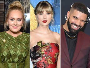 Adele, Taylor Swift and Drake are seen in file photos.