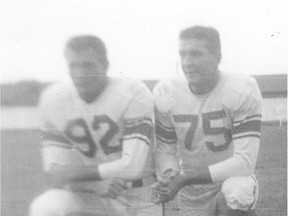 Bobby Marlow, 92, and Mac Speedie, 75, of the Saskatchewan Roughriders are shown in a 1954 photo.