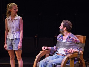Jonelle Gunderson (centre) and Mike Gill (right) portray Nan and Kyle Carter in Exit, Pursued By A Bear at the Globe Theatre.