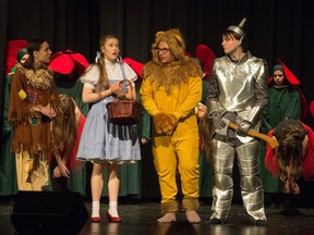 From left, Sheldon-Williams Collegiate students Annika Danielson (Scarecrow), Zoe Goetz (Dorothy), Anthony Montas Leipert (Lion) and Liam Fudge (Tin Man) rehearse a scene from The Wizard of Oz.