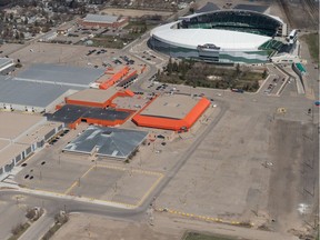 An aerial photo shows Evraz Place and Mosaic Stadium on May 9, 2019.